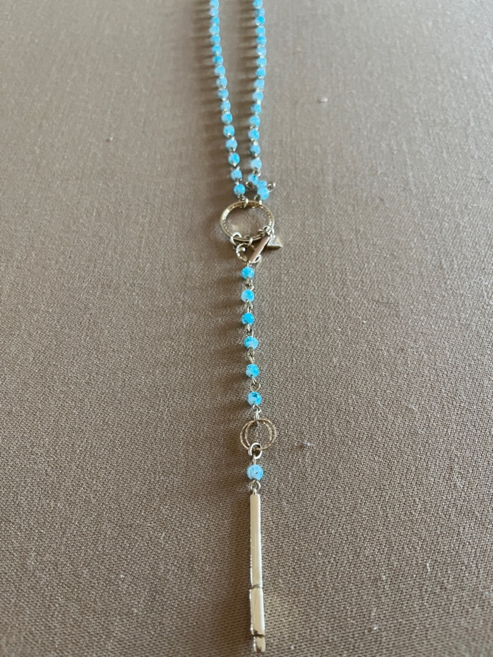 Express dainty turquoise bead long necklace with charms.